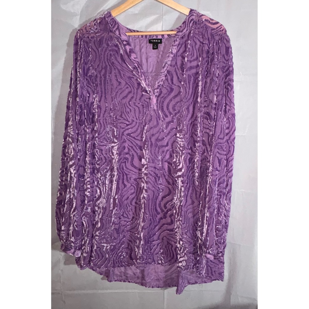 Torrid Purple Velvet Burnout Blouse Long Sleeve Sheer Abstract Tunic Top Size 1